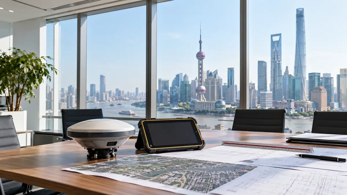 Meeting room with survey equipment overlooking the Shanghai skyline